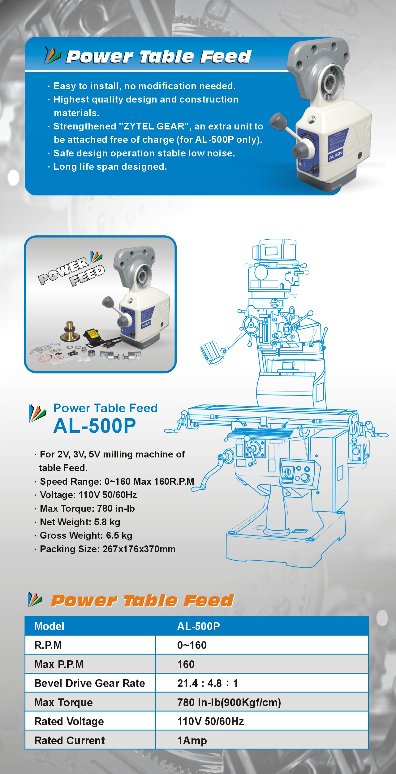 Milling Machine Part Z Axis Power feed fits Bridgeport Align (AL